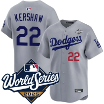 Men's Los Angeles Dodgers #22 Clayton Kershaw Grey 2025 World Series Jersey