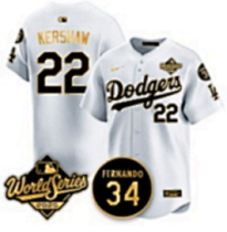Men's Los Angeles Dodgers #22 Clayton KershawWhite Gold 2025 World Series With No.34 Patch Jersey