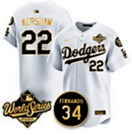 Men's Los Angeles Dodgers #22 Clayton KershawWhite Gold 2025 World Series With No.34 Patch Jersey