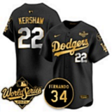 Men's Los Angeles Dodgers #22 Clayton Kershaw Black Gold 2025 World Series With No.34 Patch Jersey