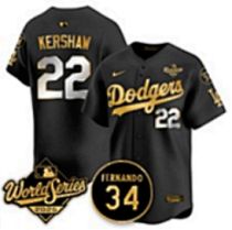 Men's Los Angeles Dodgers #22 Clayton Kershaw Black Gold 2025 World Series With No.34 Patch Jersey