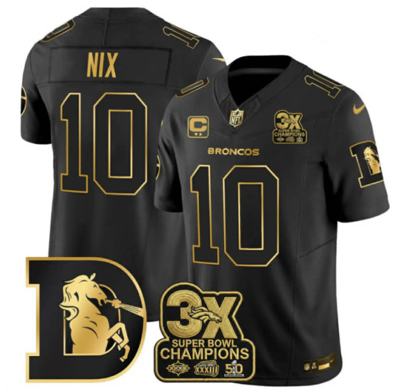 Men's Denver Broncos #10 Bo Nix Black With C/3X Super Bowl Champs Patch 2024 F.U.S.E. Vapor Limited Stitched Football Jersey