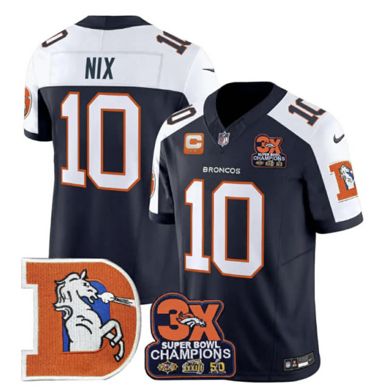 Men's Denver Broncos #10 Bo Nix Navy With C/3X Super Bowl Champs Patch 2024 F.U.S.E. Vapor Limited Stitched Football Jersey
