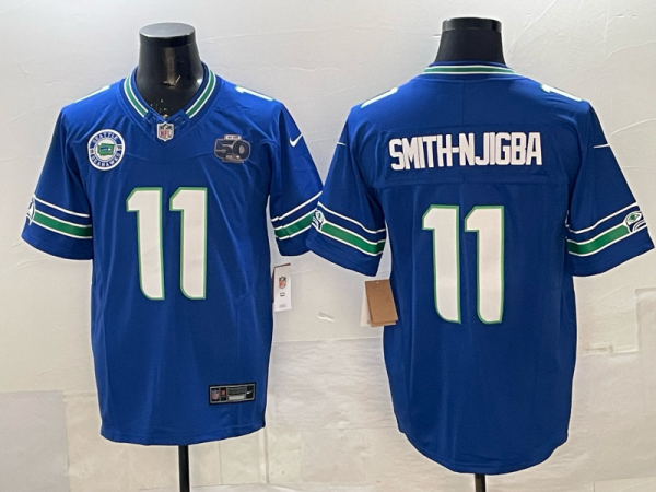 Men's Seattle Seahawks #11 Jaxon Smith-Njigba 2025 F.U.S.E. Royal 50th patch Vapor Untouchable Limited Jersey
