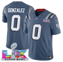 Men's New England Patriots #0 Christian Gonzalez Storm Blue 2025 F.U.S.E. Super Bowl LX Patch Jersey