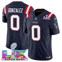 Men's New England Patriots #0 Christian Gonzalez Navy 2025 F.U.S.E. Super Bowl LX Patch Vapor Jersey