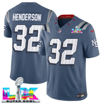 Men's New England Patriots #32 TreVeyon Henderson Storm Blue 2025 F.U.S.E. Super Bowl LX Patch Jersey