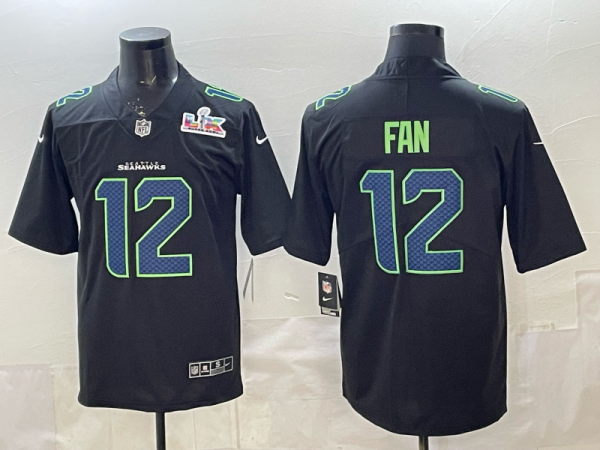 Men's Seattle Seahawks #12 Fan Black Super Bowl LX Patch Jersey