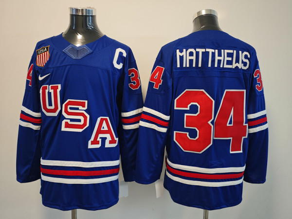 Men's USA #34 Auston Matthews Royal 2025-2026 With C Patch Stitched Jersey