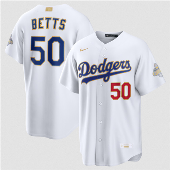 Men's Los Angeles Dodgers #50 Mookie Betts White 2026 Gold Collection Stadium Stitched Jersey
