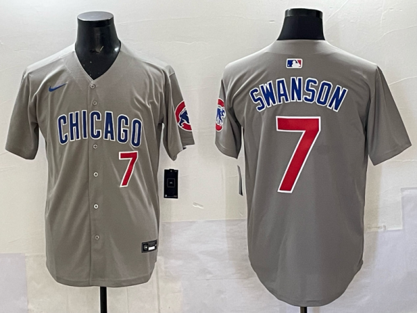 Men's Chicago Cubs #7 Dansby Swanson Grey Cool Base Stitched Baseball Jersey