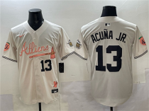 Men's Atlanta Braves #13 Ronald Acuña Jr. Cream 2024 Atliens & Peach With Outkast Patch Vapor Limited Jersey