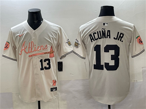Men's Atlanta Braves #13 Ronald Acuña Jr. Cream 2024 Atliens & Peach With Outkast Patch Vapor Limited Jersey