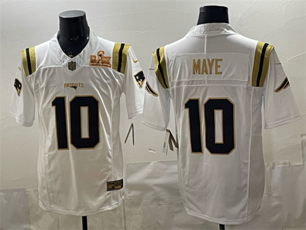 Men's New England Patriots #10 Drake Maye White Gold 2025 F.U.S.E. Super Bowl LX Patch Limited Jersey