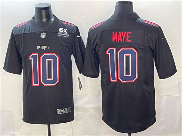 Men's New England Patriots #10 Drake Maye Black Fashion With 6x Super Bowl Champions Patch Limited Jersey