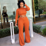 Solid 2pcs Crop Tops And Wide Leg Pants Set ASL-6072