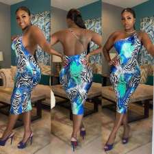 Sexy Printed Off Shoulder Backless Bodycon Midi Dresses HM-6147
