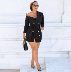 Black Off Shoulder Double Breasted Belt Bandage Dress BN-9136