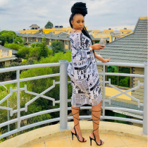 Off Shoulder Newspaper Print Loose Midi Dress WSM-5017