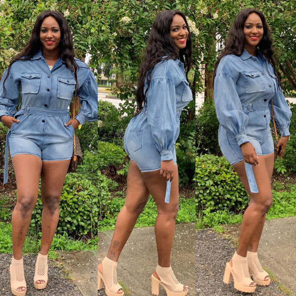 Plus Size Denim Long Sleeve Button Belted Jeans Playsuit LA-3122