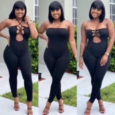 Black Sexy Off Shoulder Lace Up Bodycon Jumpsuit QZX-6054