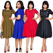 Short Sleeve Peter Pan Collar Midi Pleated Dress WY-6540