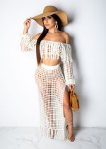 Grid Tassel Off Shoulder Split Long Skirt Sets TR-938