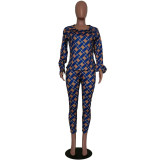 Plaid Print Blouse Top And Pants Two Piece Sets TK-6018