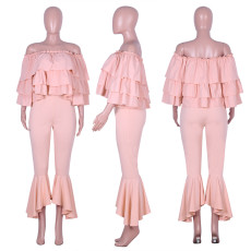 Off Shoulder Cascading Blouse Flare Ankle Leghth Pants Suit NIK-005