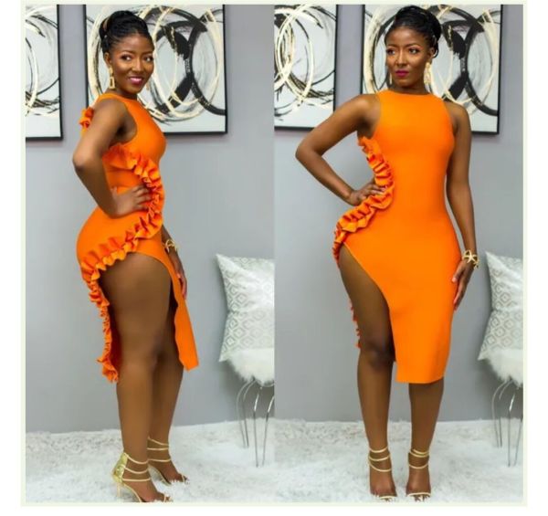 Sexy Sleeveless Ruffles High Split Bodycon Midi Dress YM-9156