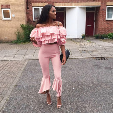 Off Shoulder Cascading Blouse Flare Ankle Leghth Pants Suit NIK-005
