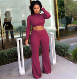 Solid 2pcs Crop Tops And Wide Leg Pants Set ASL-6072