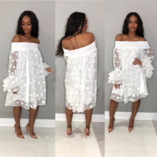 Plus Size Polka Print Slash Neck Petal Sleeve Loose Midi Dress TR-829