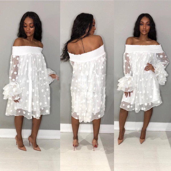 Plus Size Polka Print Slash Neck Petal Sleeve Loose Midi Dress TR-829
