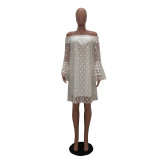 Plus Size Polka Print Slash Neck Petal Sleeve Loose Midi Dress TR-829