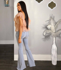 Sexy Mesh Ruffles Off Shoulder Crop Tops LS-0280