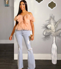 Sexy Mesh Ruffles Off Shoulder Crop Tops LS-0280