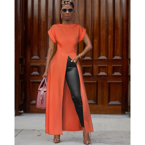 Solid High Split Short Sleeve Maxi Dresses ASL-6121
