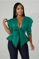 Solid Puff Sleeve Ruffles Bow Tie Peblum Blouse Top WY-6604