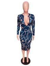 Sexy Chain Print Long Sleeve Slim Midi Dresses QZX-6090