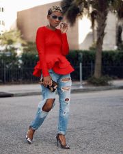 Solid Ruffles Hem Long Sleeve Peplum Tops FNN-8305