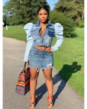 Plus Size Casual Patchwork Puff Sleeve Short Jacket LA-3145