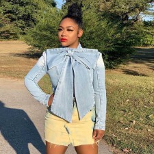 Plus Size  Bow Knot Long Sleeve Denim Jacket Coat SMR-9493