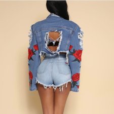 Casual Ripped Holes Embroidery Denim Jacket Coats LA-3150