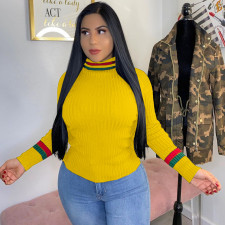 Plus Size Striped High Collar Knitted Pullover Tops QY-5143