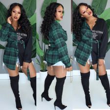 Plaid Print Patchwork Sashes Irregular Blouse Shirt NM-8079