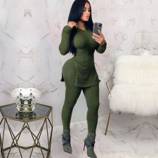 Plus Size Solid Split Hem Tops Long Pants 2 Piece Sets NM-8081