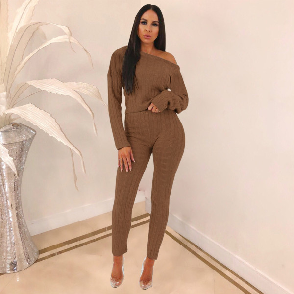 Solid Knitted Sweater Long Pants Two Piece Sets TE-3583