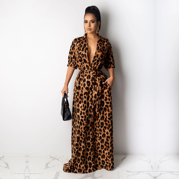 Leopard Print Half Sleeve Buttons Maxi Dress TE-3893