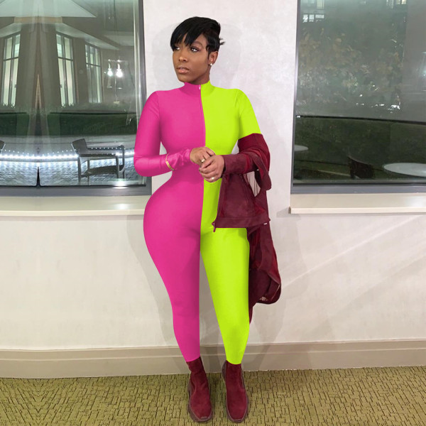 Contrast Color Long Sleeve Skinny Jumpsuits TE-3890